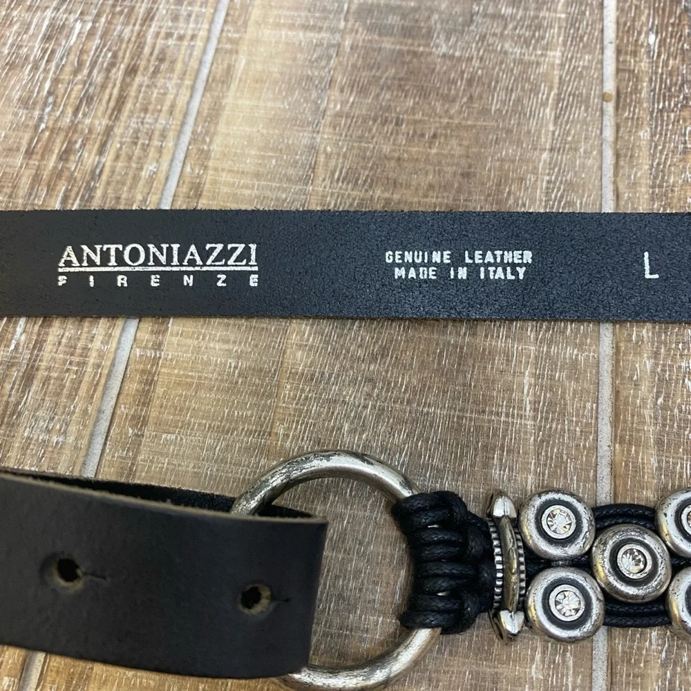ANTONIAZZI FIRENZE Black Leather Belt Silver Hardware Rhinestones Made in Italy